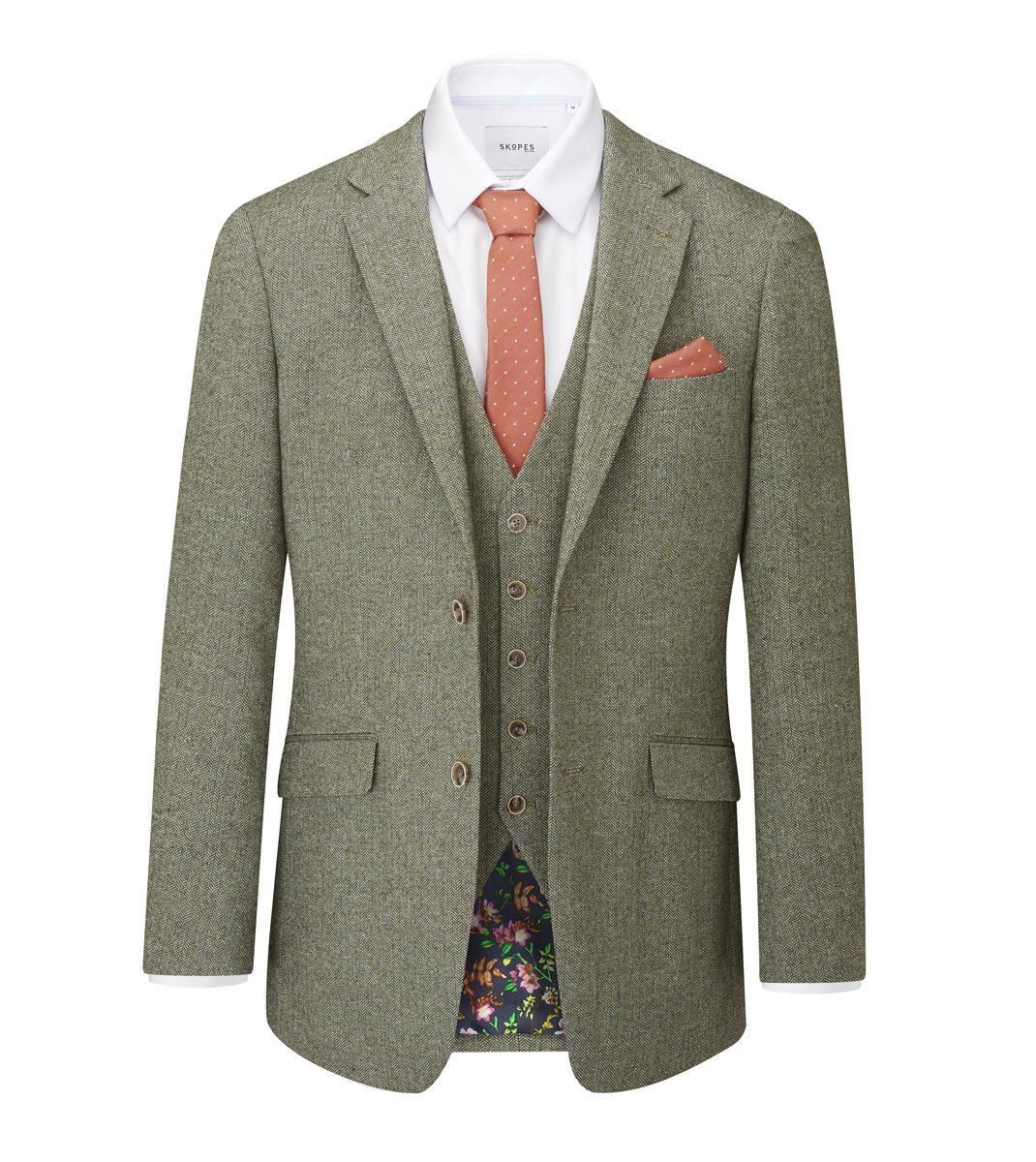 Skopes Tailored Fit Herringbone Suit Jacket Jude in Sage 34 to 62