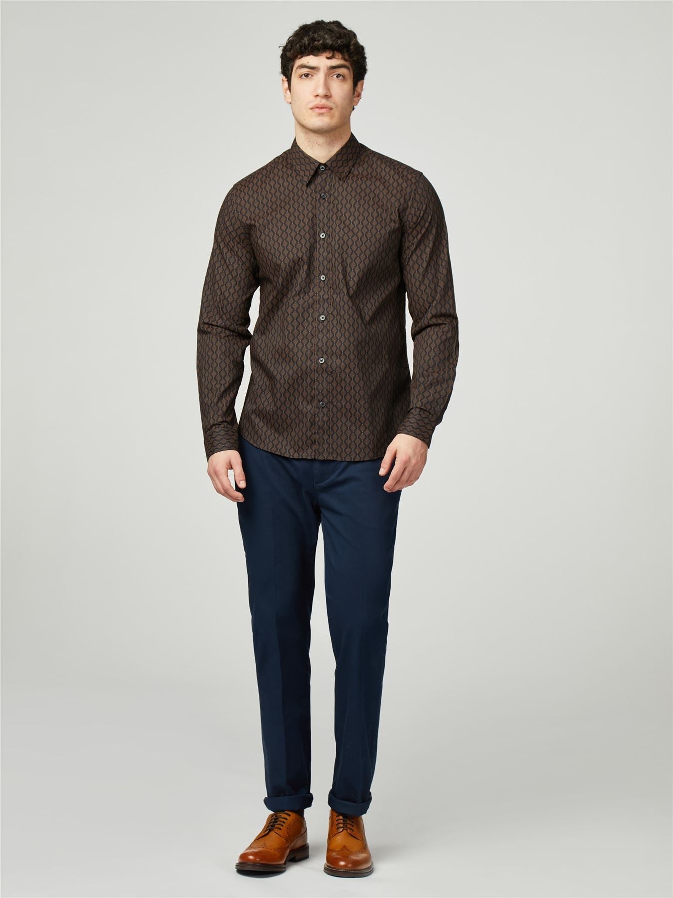 Ben Sherman Big Size Linear Geo Print Long Sleeve Shirt For Men in Black, 2XL-5XL