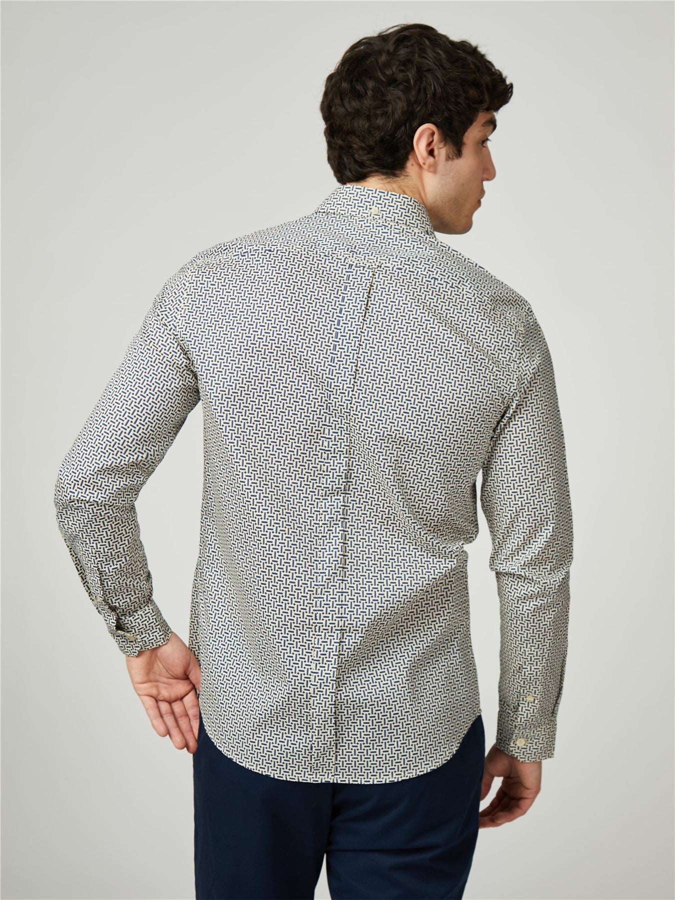 Ben Sherman Big Size Split Spot Print Long Sleeve Shirt For Men in Fog, 2XL-5XL