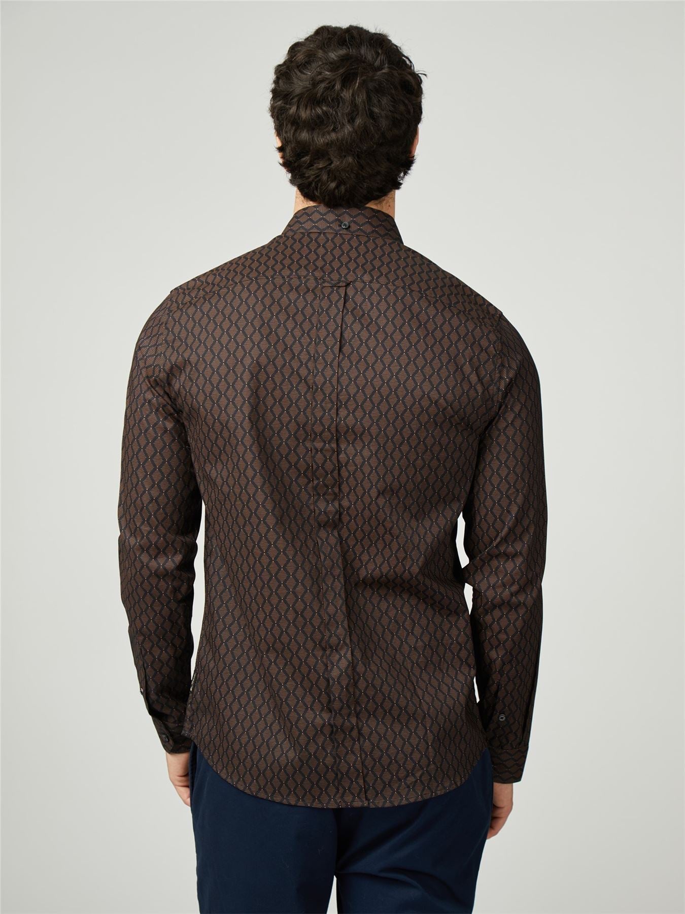 Ben Sherman Big Size Linear Geo Print Long Sleeve Shirt For Men in Black, 2XL-5XL