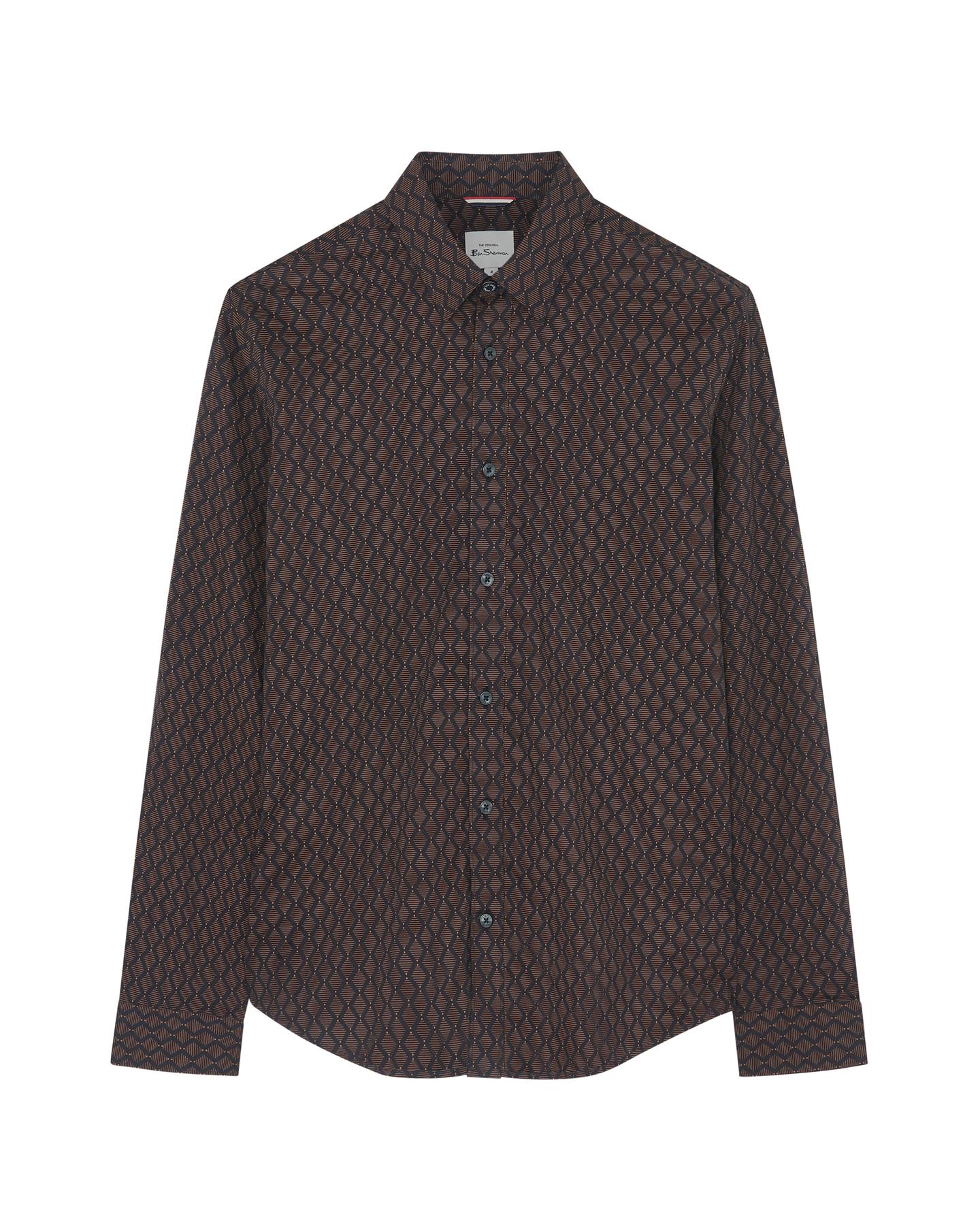 Ben Sherman Big Size Linear Geo Print Long Sleeve Shirt For Men in Black, 2XL-5XL