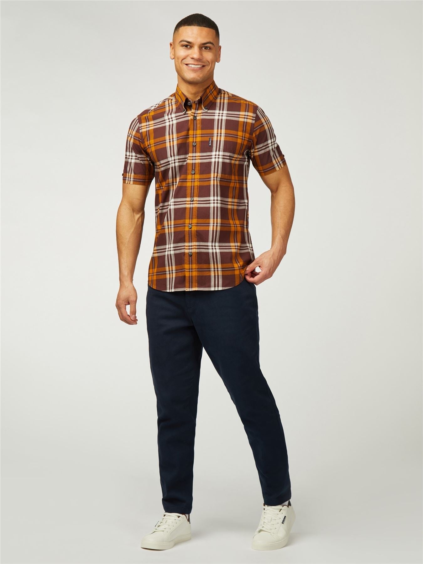 Ben Sherman Big Size Block Check Short Sleeve Shirt For Men in Wine, 2XL-5XL