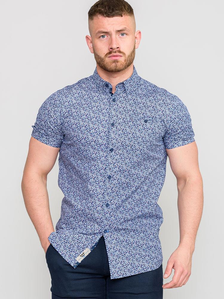 D555 Longmoor Short Sleeve Mini Floral Ao Button Down Printed Shirt (101101) Size 2XL-6XL, Navy
