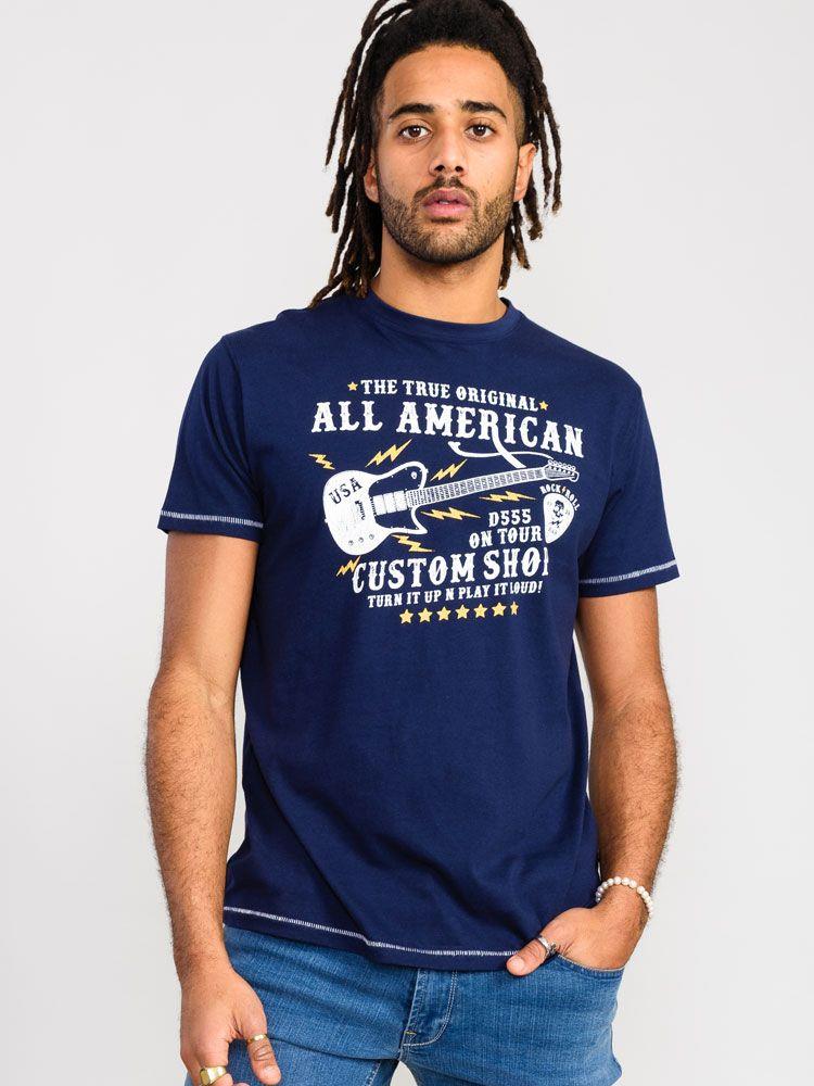 D555 Men's BRONTE All American Guitar Printed T-Shirt in Navy 2XL to 6XL
