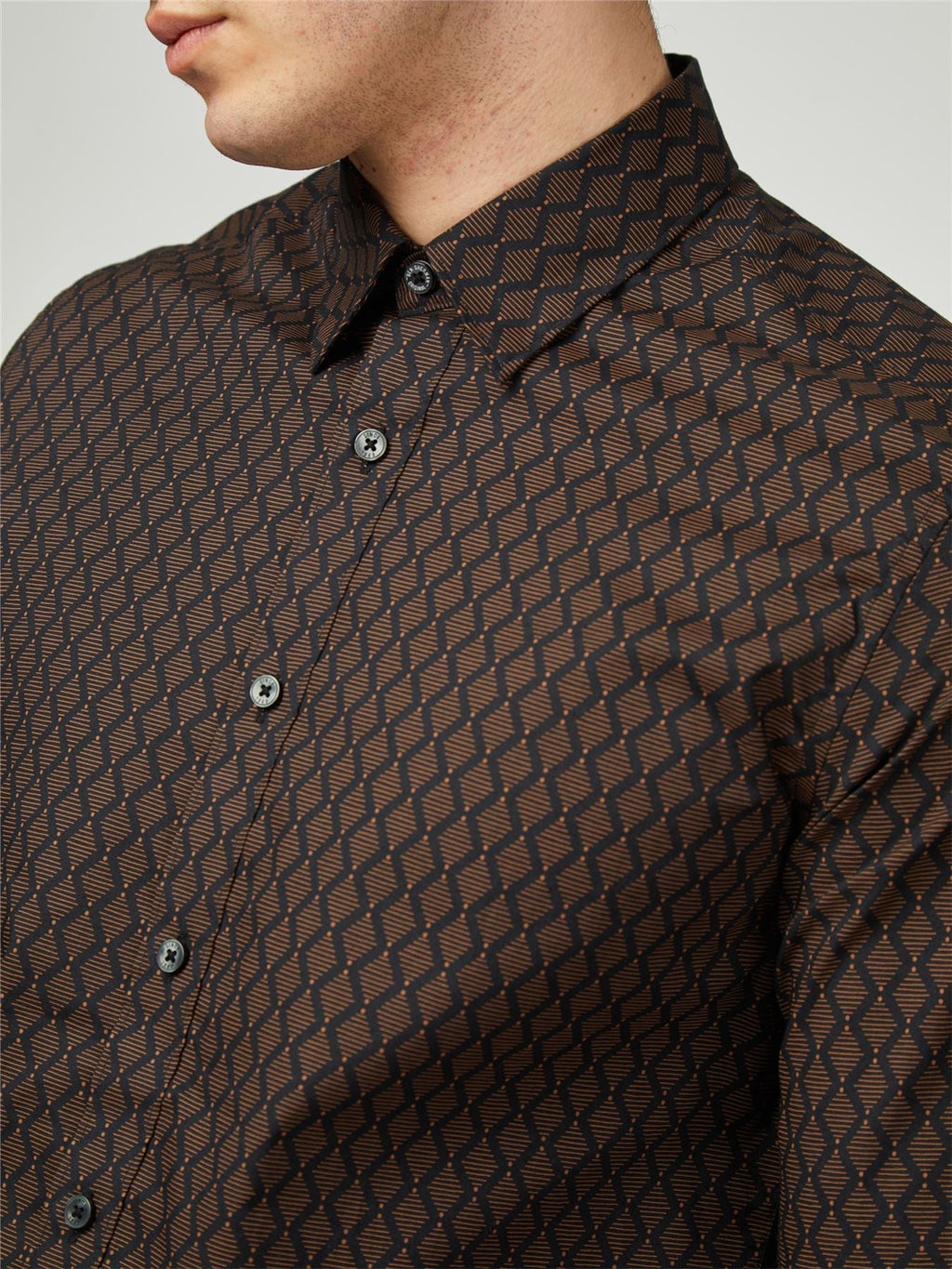 Ben Sherman Big Size Linear Geo Print Long Sleeve Shirt For Men in Black, 2XL-5XL