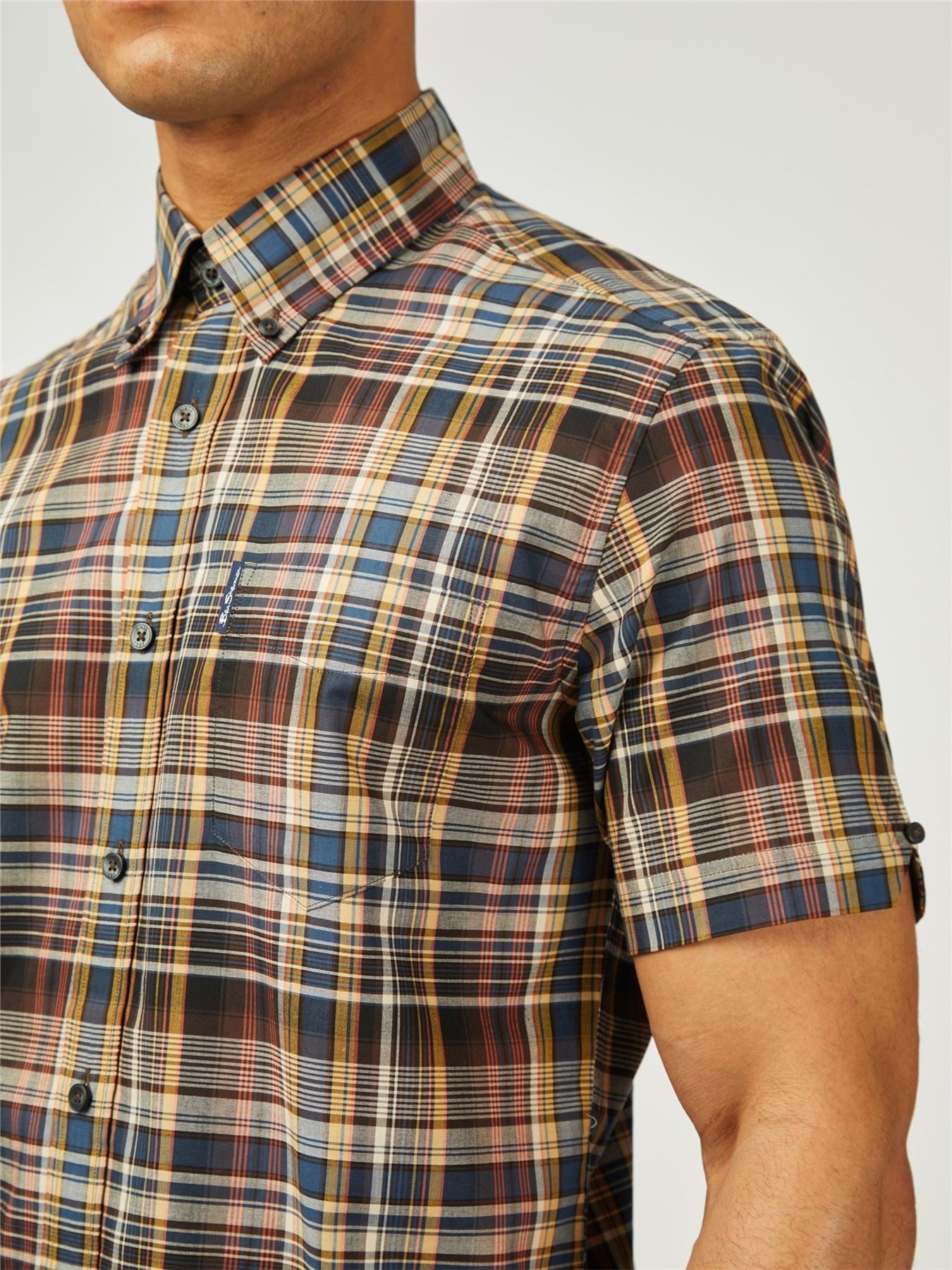 Ben Sherman Big Size Gradient Check Short Sleeve Shirt For Men in Sea, 2XL-5XL