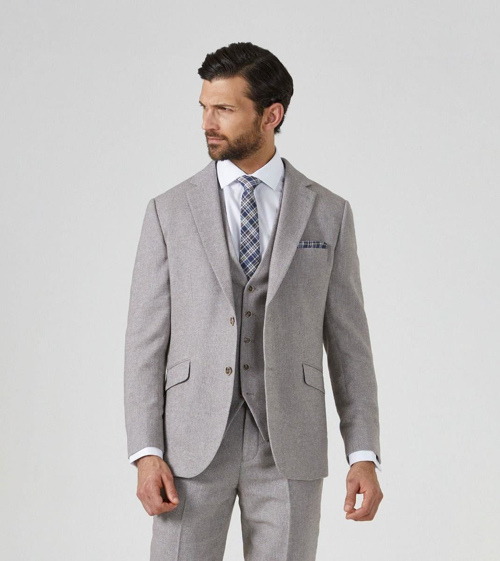 Skopes Tailored Fit Suit Jacket Herringbone Jude in Stone 34 to 62 Short to Long