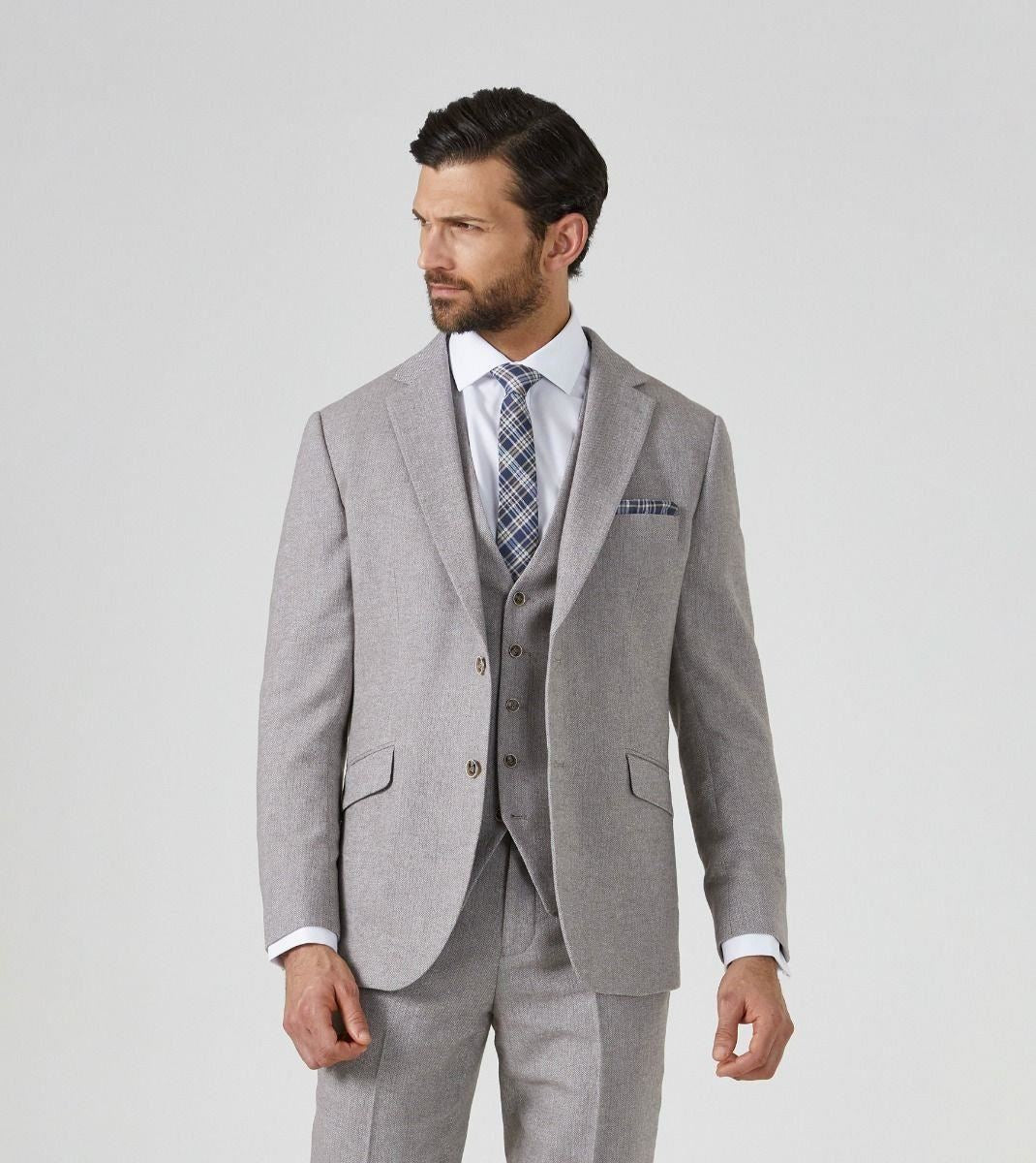Skopes Tailored Fit Suit Jacket Herringbone Jude in Stone 34 to 62 Short to Long