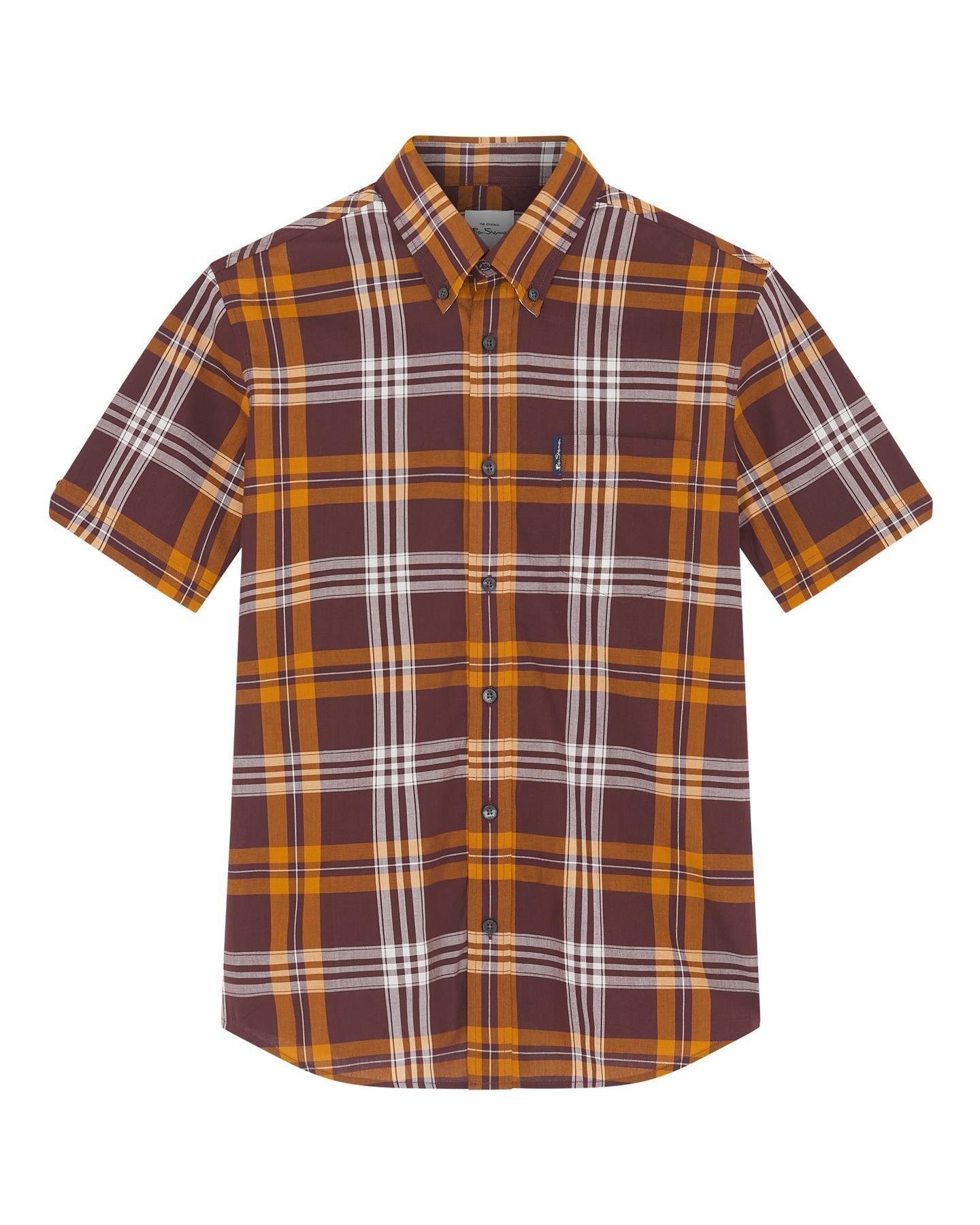 Ben Sherman Big Size Block Check Short Sleeve Shirt For Men in Wine, 2XL-5XL