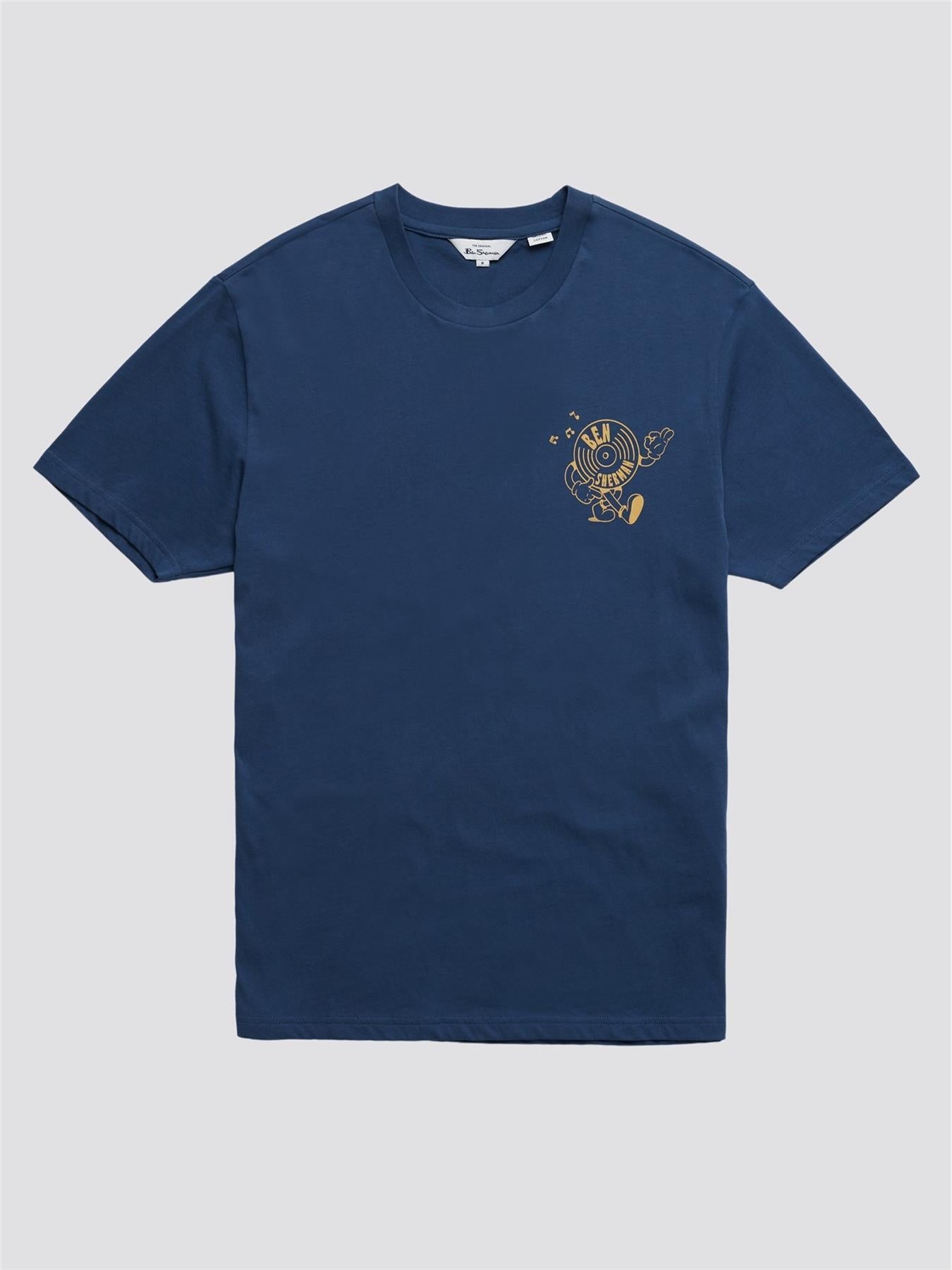 Ben Sherman Classic Casual Strolling Record Tee Shirt For Men Features A Small Stylish Record Print To The Chest (0067149IL) Size XXL-5XL, Blue Denim