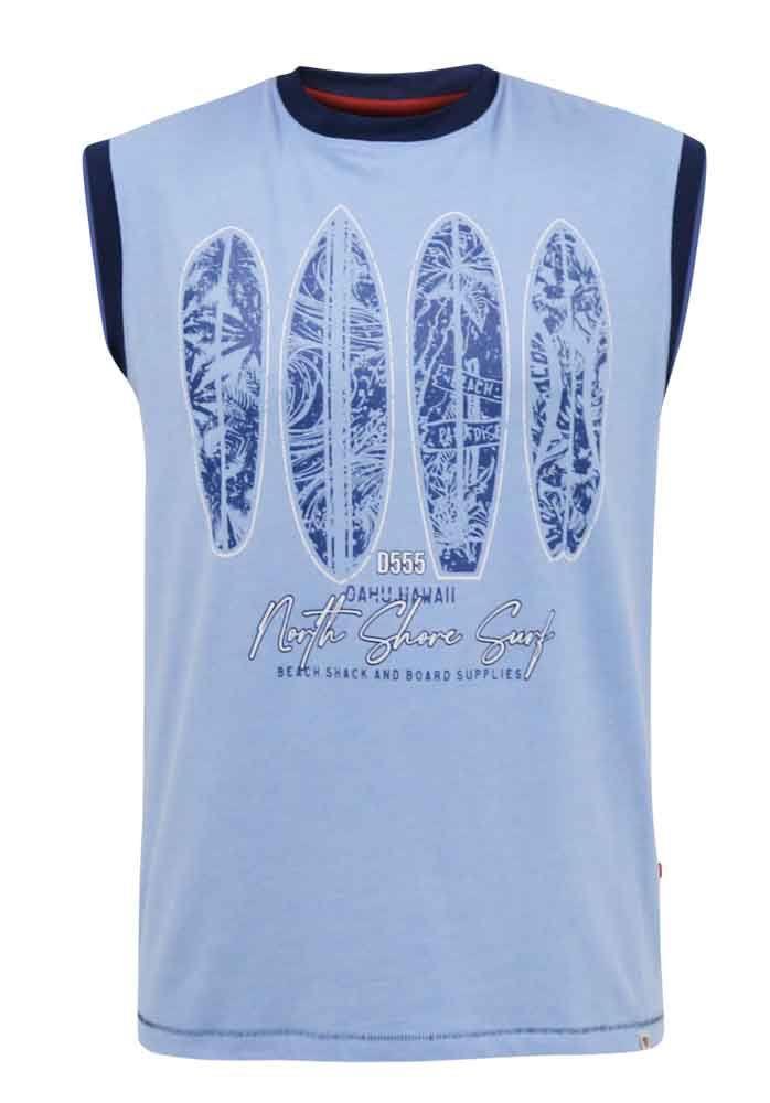 D555 Men's BRETTON Surf Board Printed Sleeveless T-Shirt in Blue marl 2XL to 5XL
