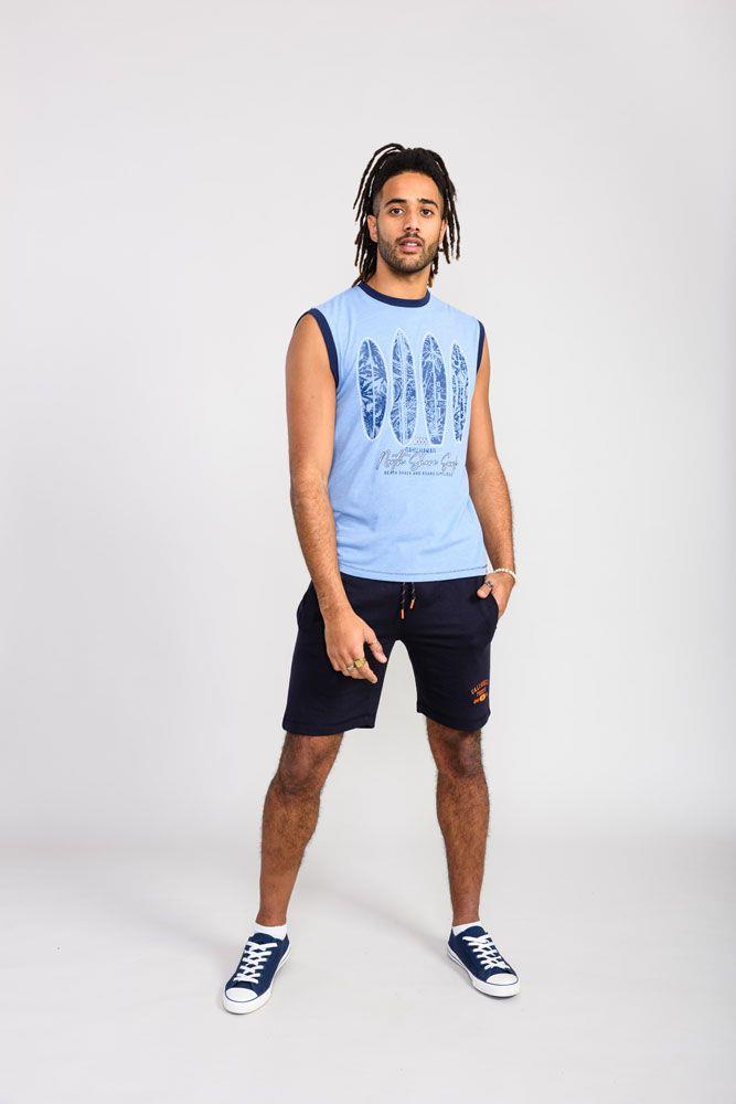 D555 Men's BRETTON Surf Board Printed Sleeveless T-Shirt in Blue marl 2XL to 5XL