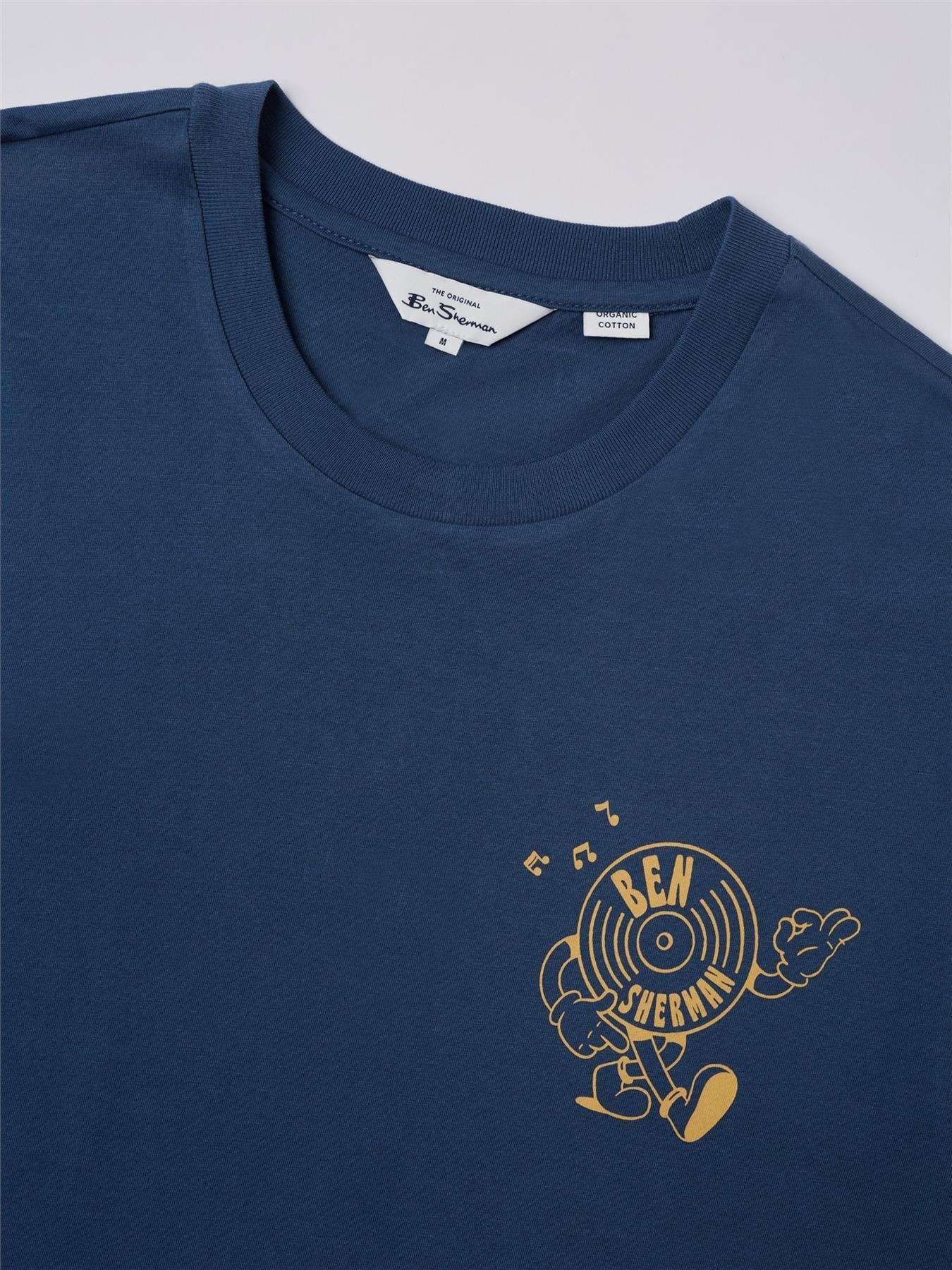 Ben Sherman Classic Casual Strolling Record Tee Shirt For Men Features A Small Stylish Record Print To The Chest (0067149IL) Size XXL-5XL, Blue Denim