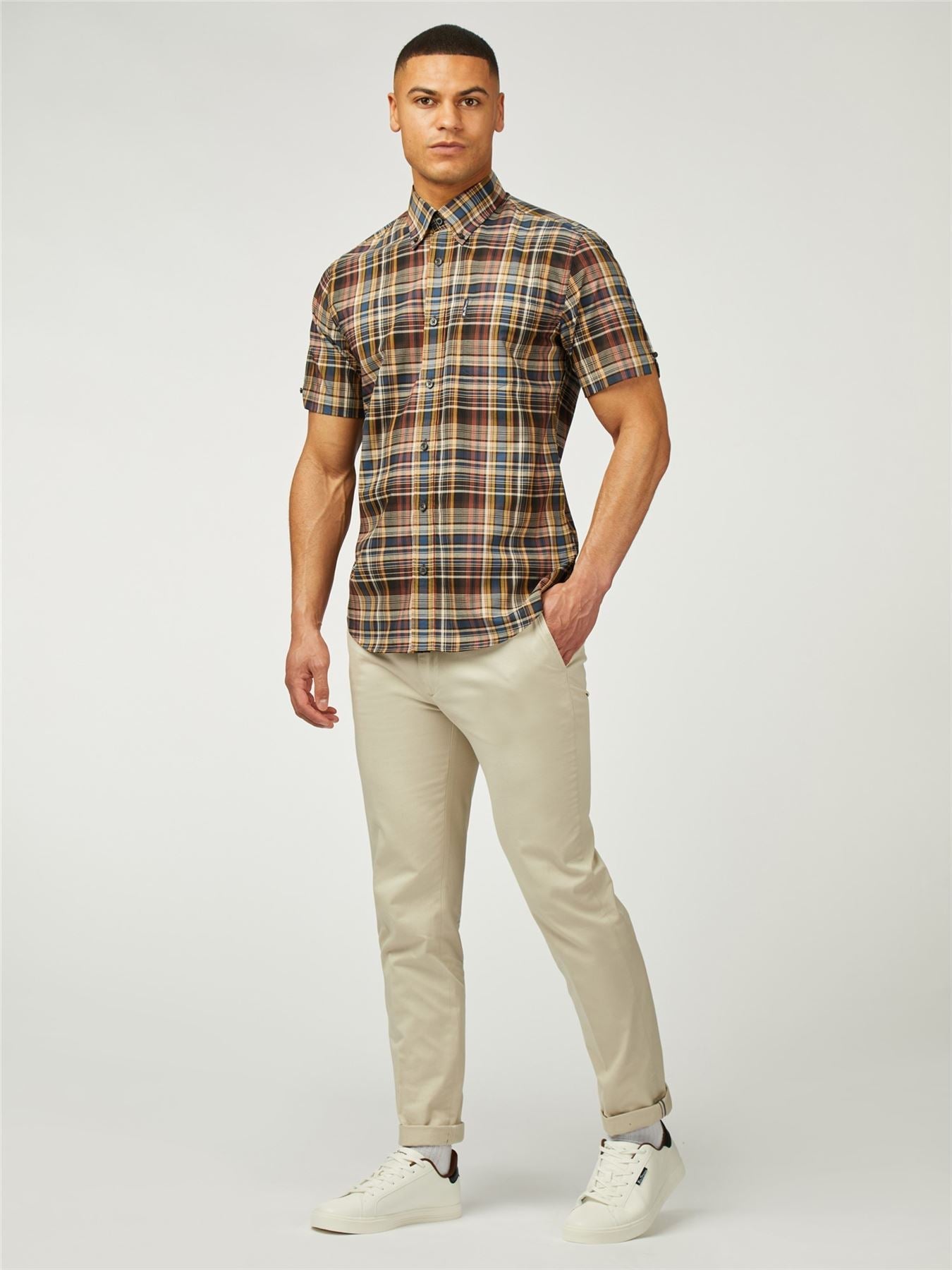 Ben Sherman Big Size Gradient Check Short Sleeve Shirt For Men in Sea, 2XL-5XL