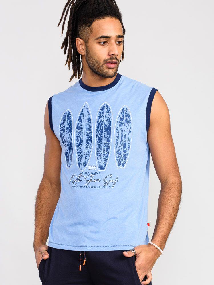 D555 Men's BRETTON Surf Board Printed Sleeveless T-Shirt in Blue marl 2XL to 5XL
